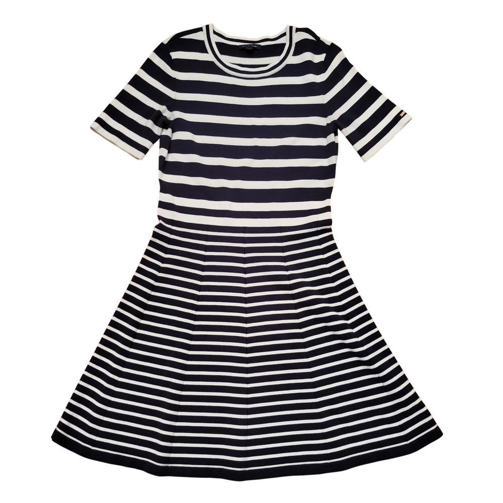 Tommy Hilfiger M Sweater Knit Dress Navy White Stripe Fit Flare Nautical Coastal